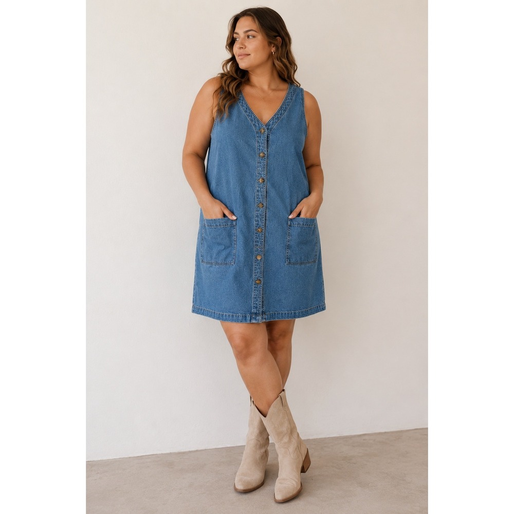 Vintage Blue J. Denim Mini Dress L Western Boho Blue 90s Button Front Sleeveless